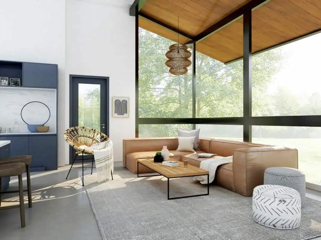 living room with brown sofa and glass window