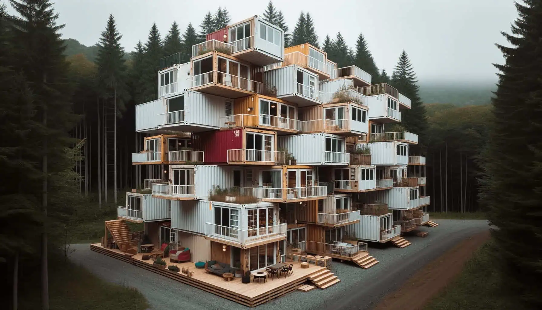DALL·E 2023 10 19 09.15.25 Photo of a multi story container cabin complex in a forest setting. The containers are stacked creatively with balconies and terraces adding to the a DALL·E 2023 10 19 09.15.25 Photo of a multi story container cabin complex in a forest setting. The containers are stacked creatively with balconies and terraces adding to the a